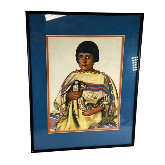 1920's Gr Northern Calendar Pecunnie Blackfeet child Artist Weinold Reiss Framed - Picture 1 of 3